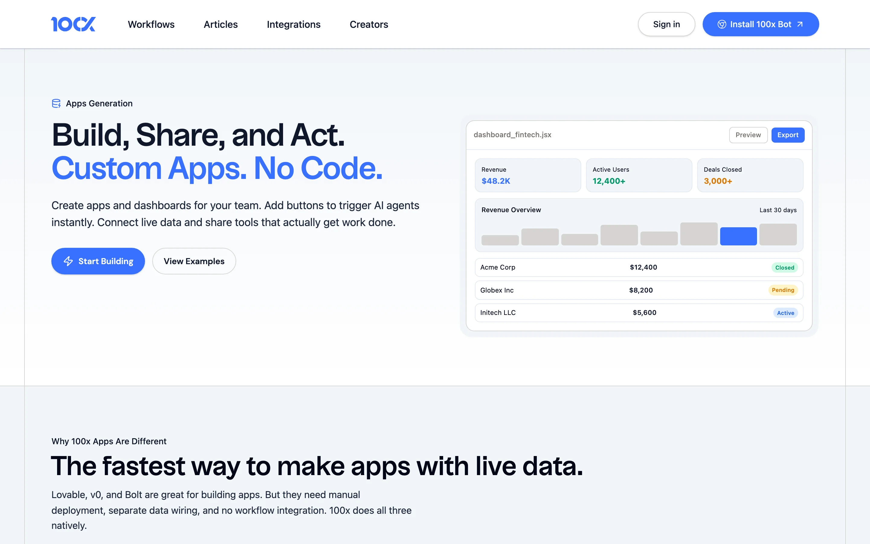 Apps section — no-code builder mock