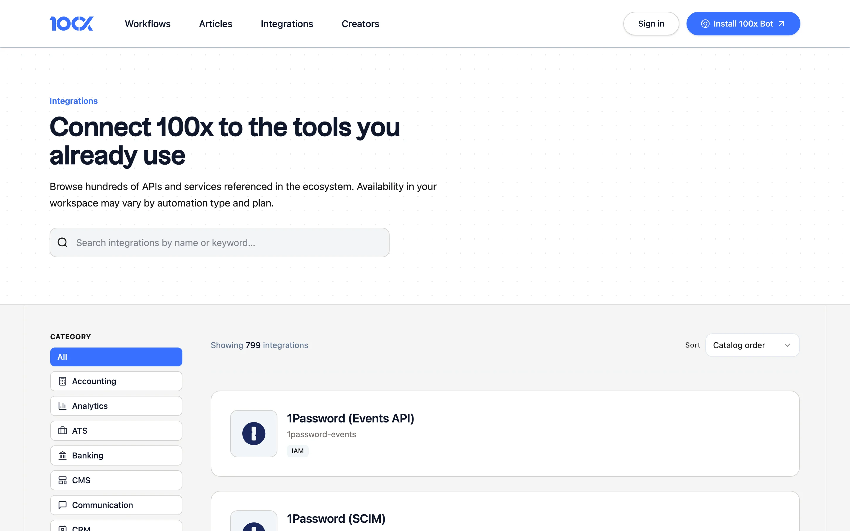 Integrations catalog with searchable grid