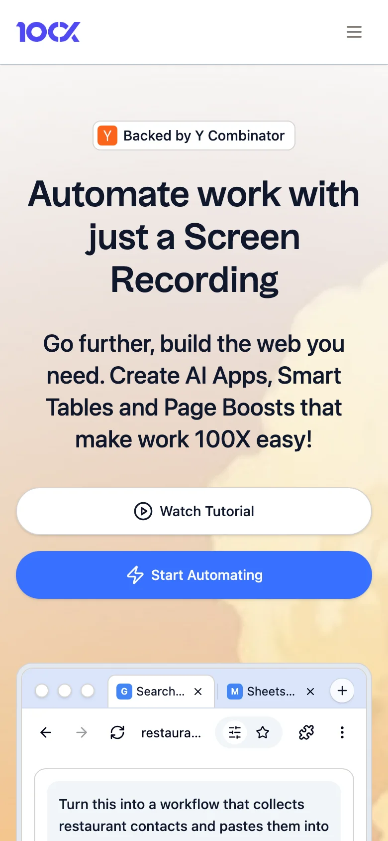 100x.Bot marketing site — mobile homepage