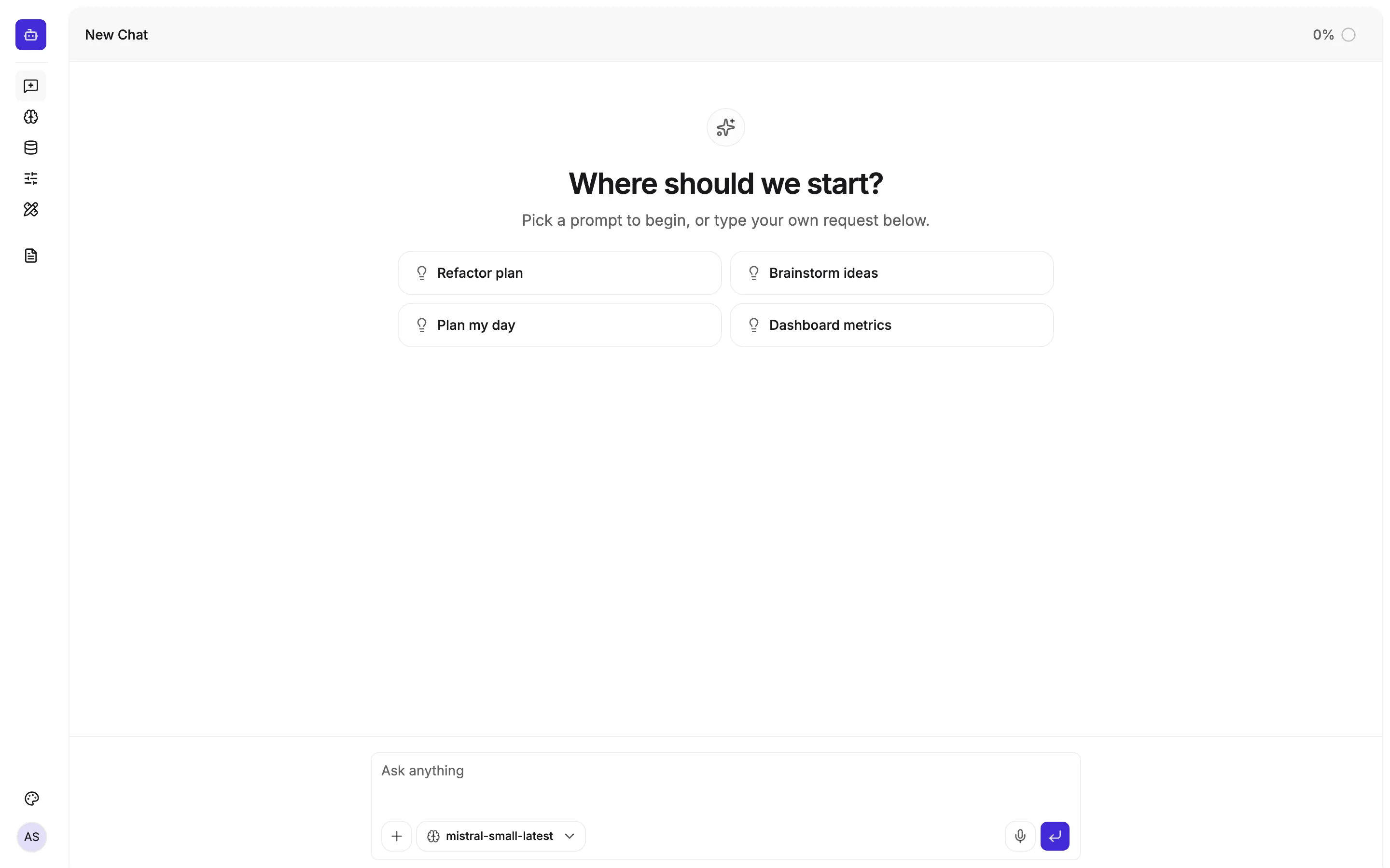New Chat with starter prompt chips and virtualized message list