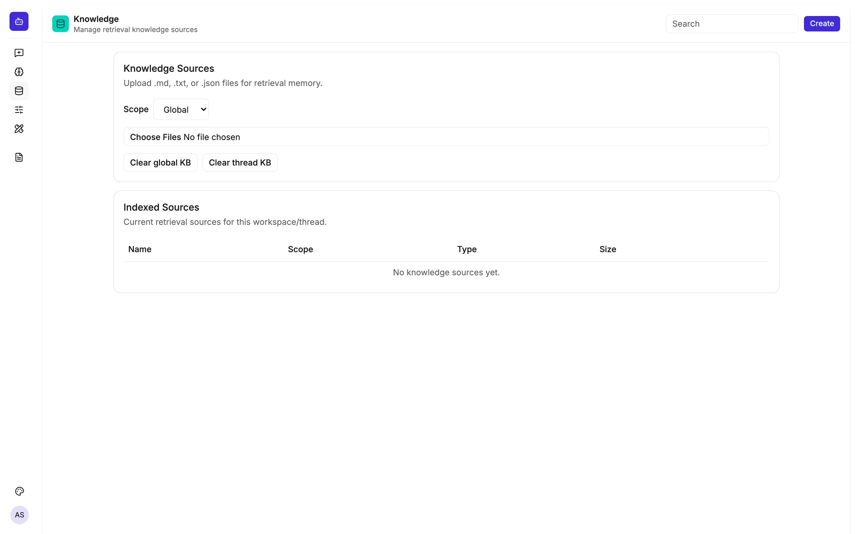 Knowledge page with file upload for retrieval sources