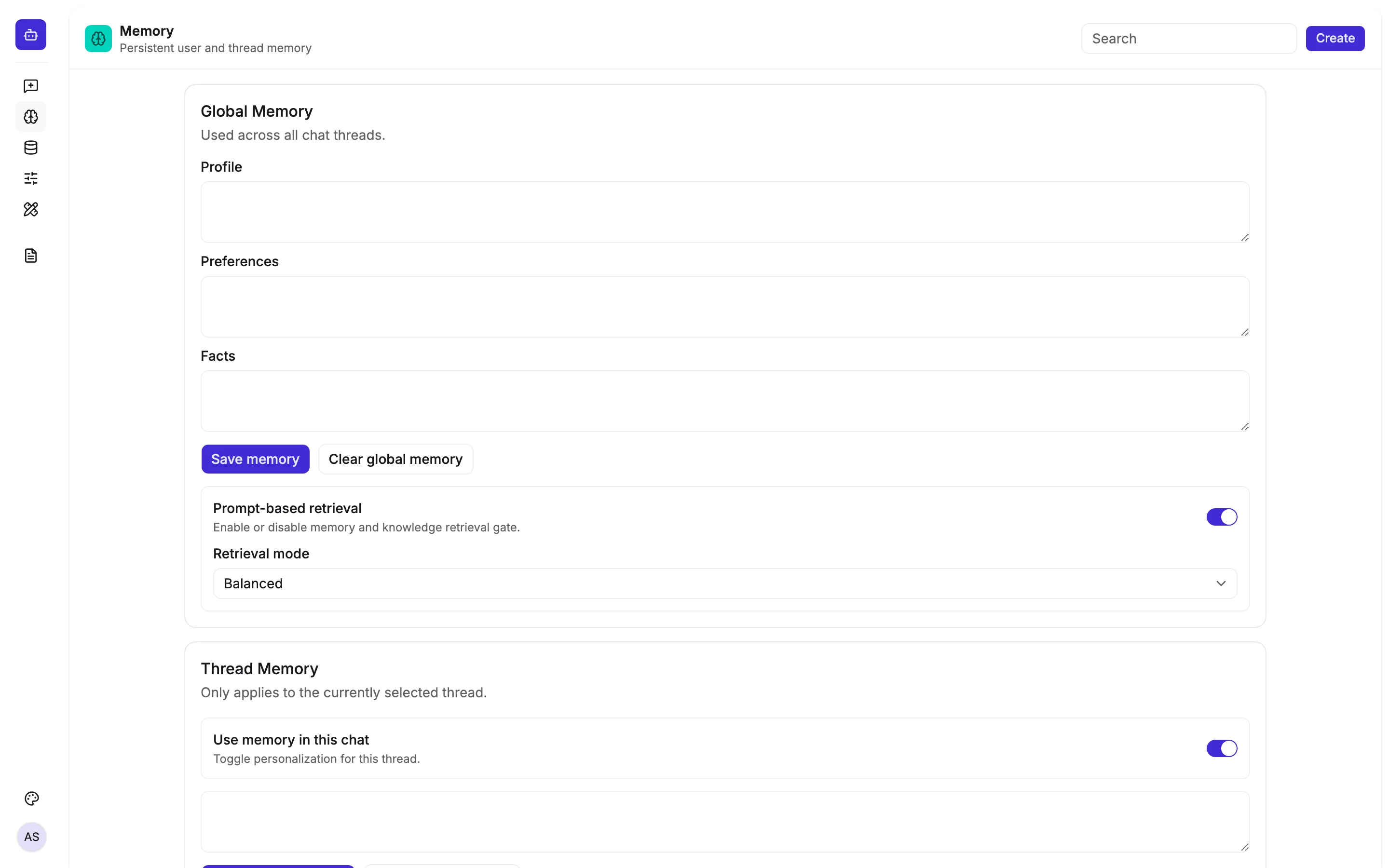Memory page with global profile, preferences, and thread memory