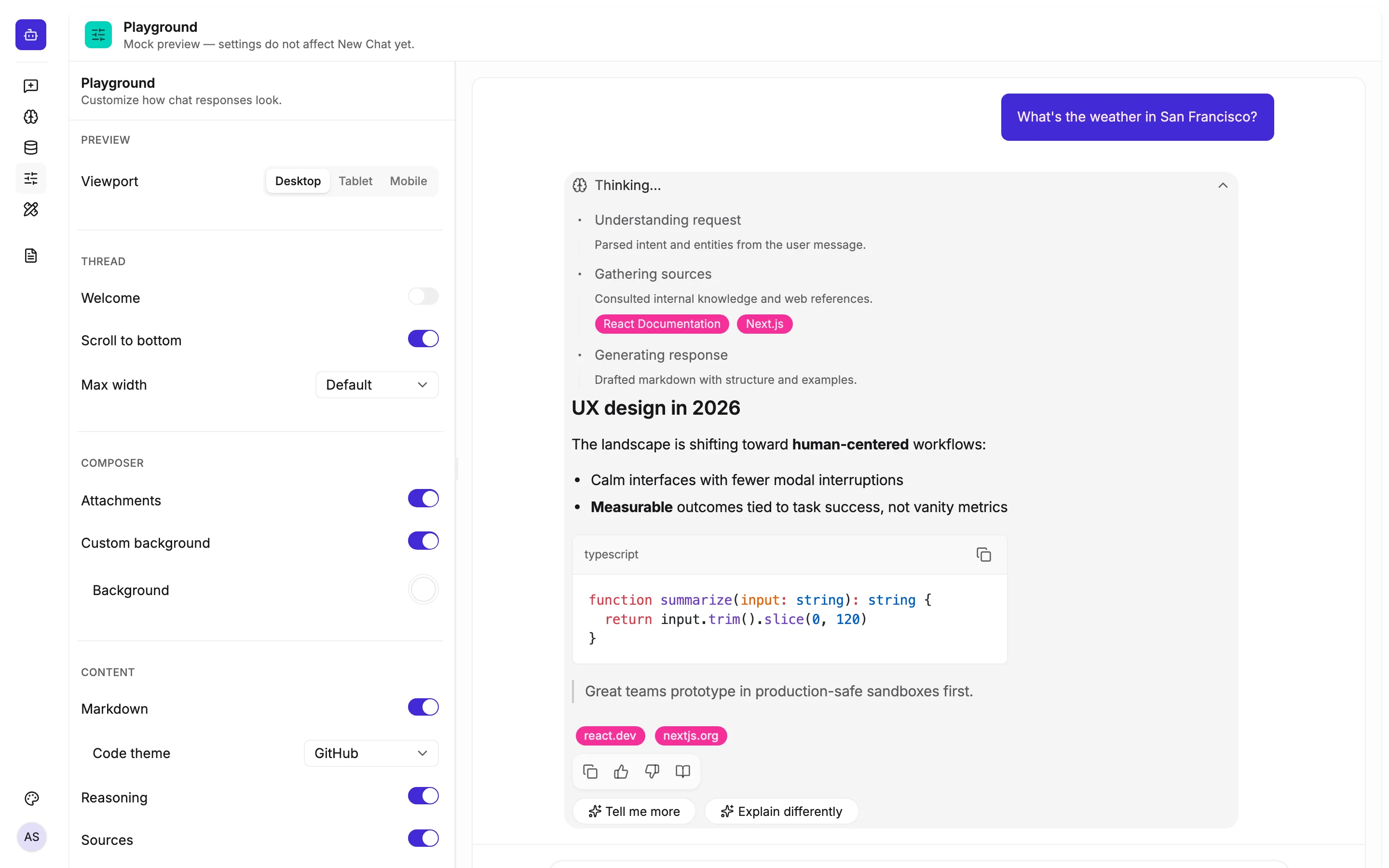 Playground settings panel with live chat preview