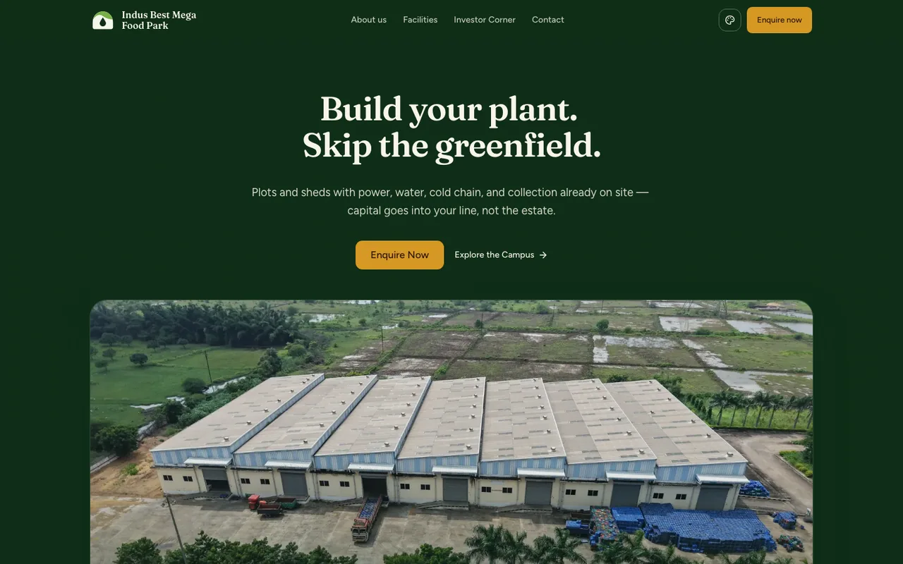 Indus Best Mega Food Park website homepage with campus imagery and a facilities overview
