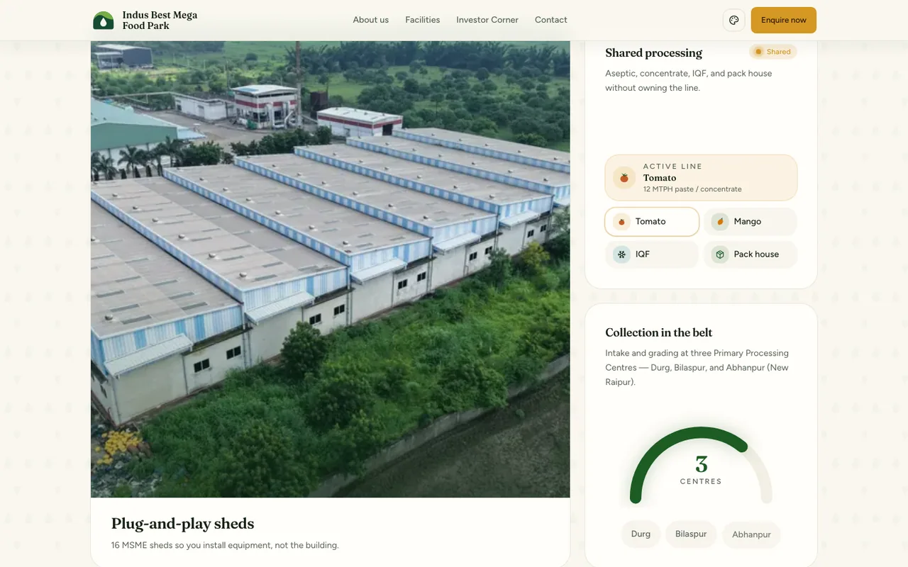 Indus Best website showing campus photography, processing facilities, and collection infrastructure