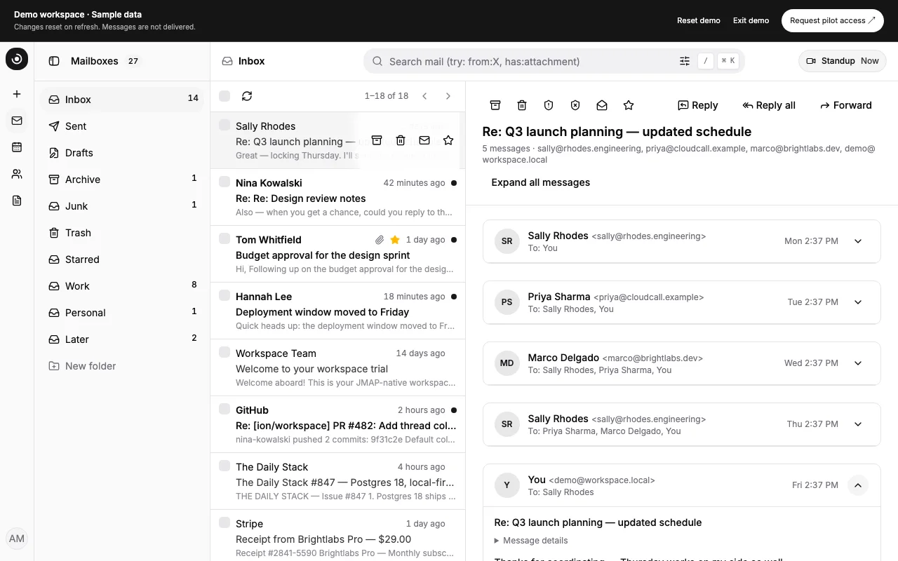 Ion demo workspace with mail folders, inbox, and an open conversation