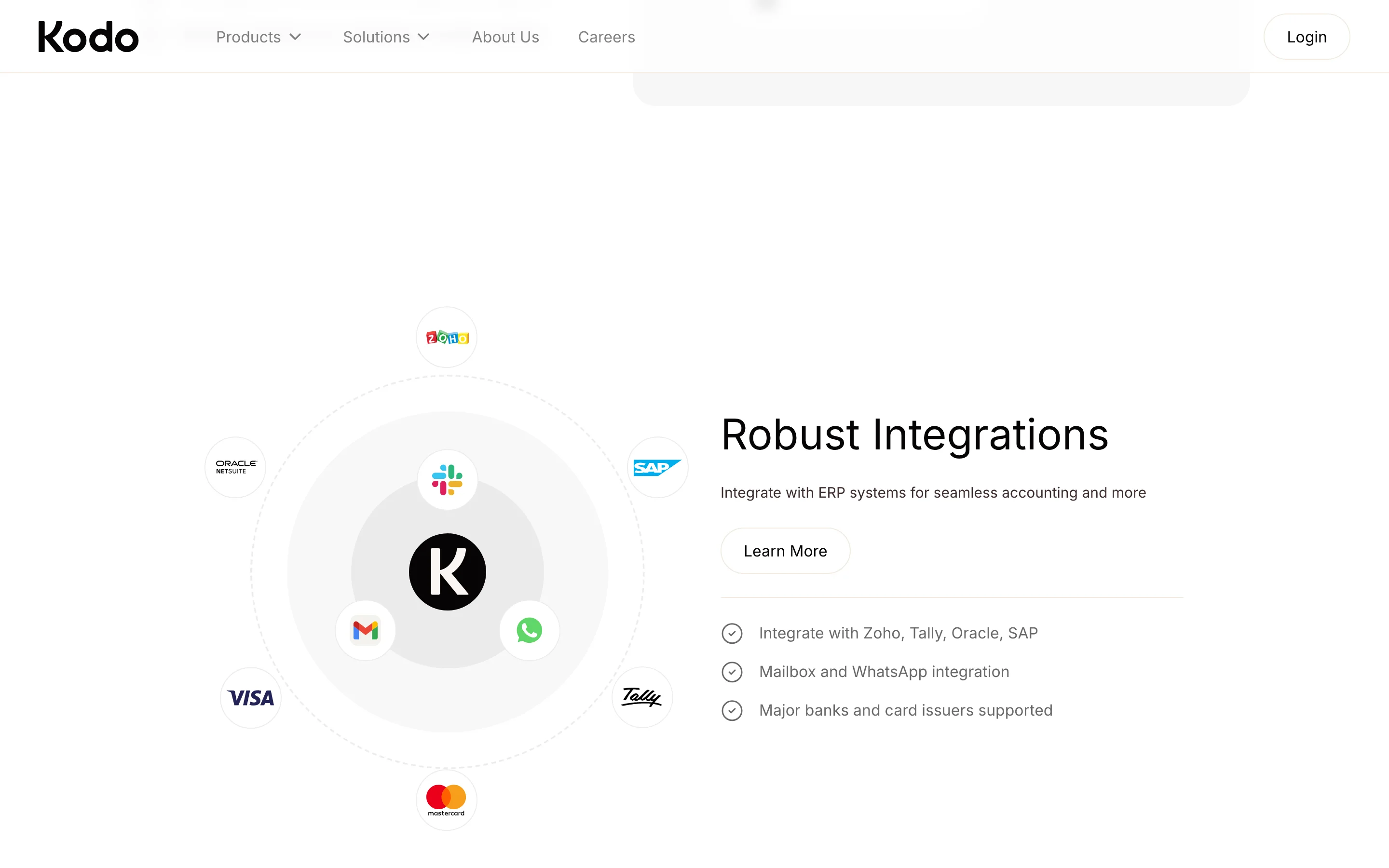 Robust Integrations section with ERP and bank partners