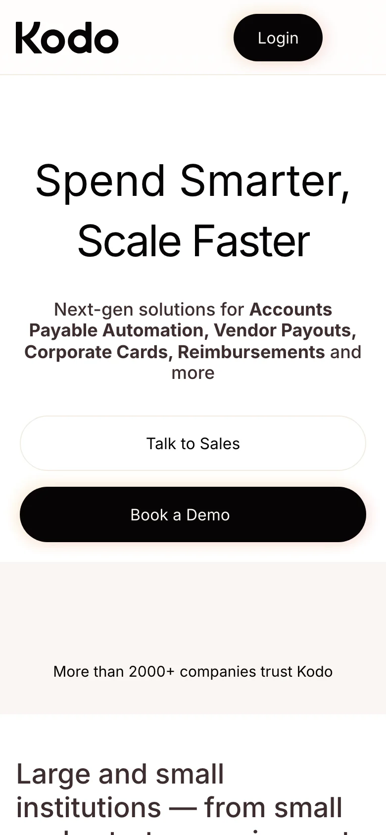 Kodo — intake-to-pay marketing site on mobile