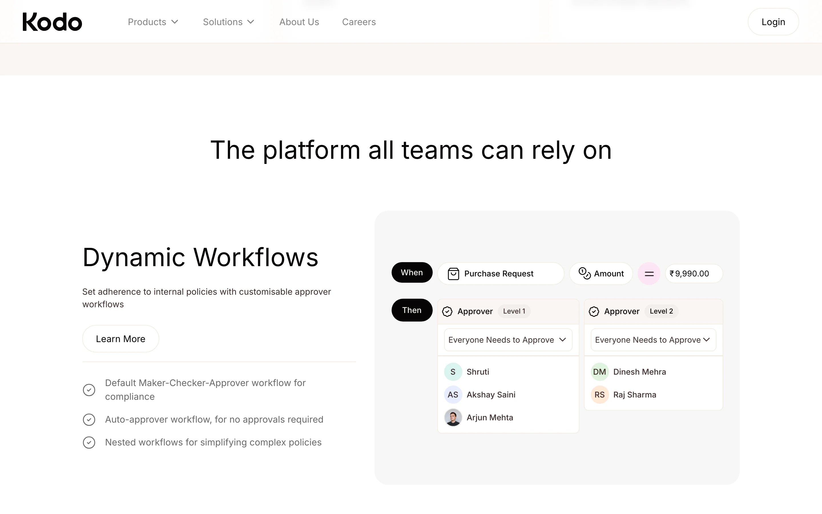 Dynamic Workflows feature section with maker-checker approval UI