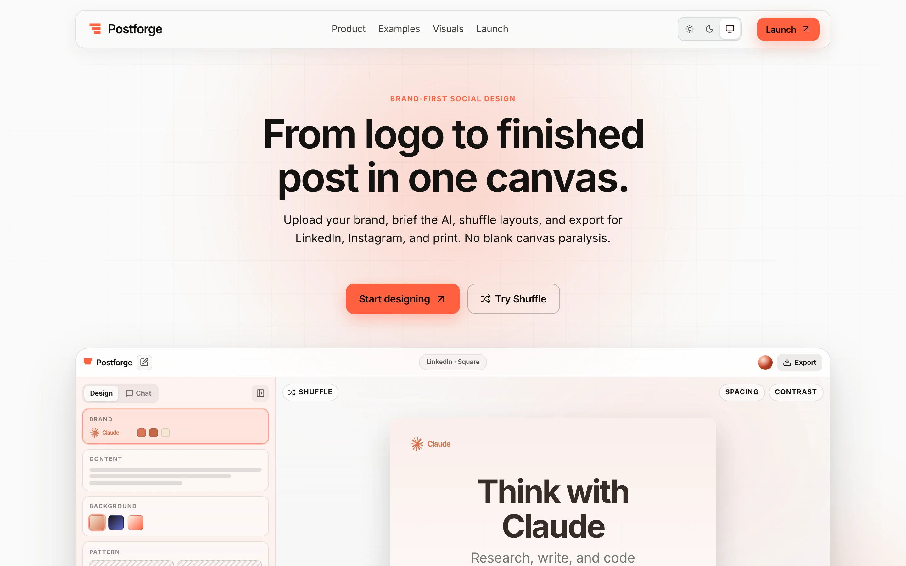 Postforge — landing with live editor preview