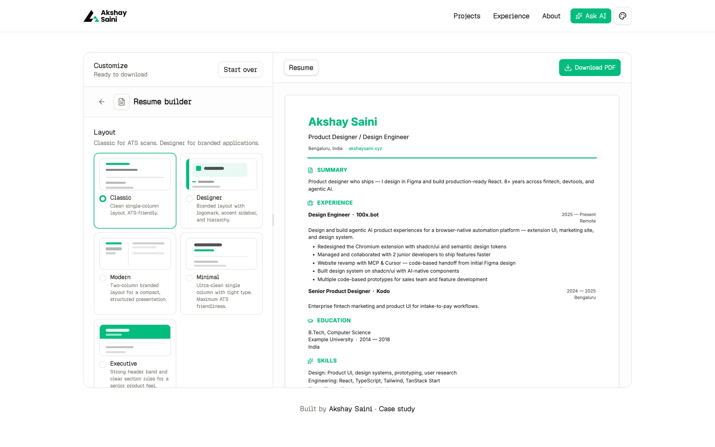 AI Resume Builder — customize layout and live PDF preview