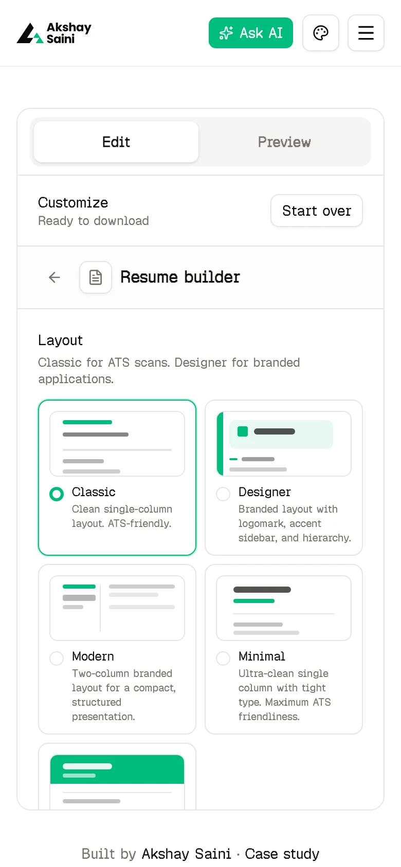 Resume Builder — mobile editor and preview