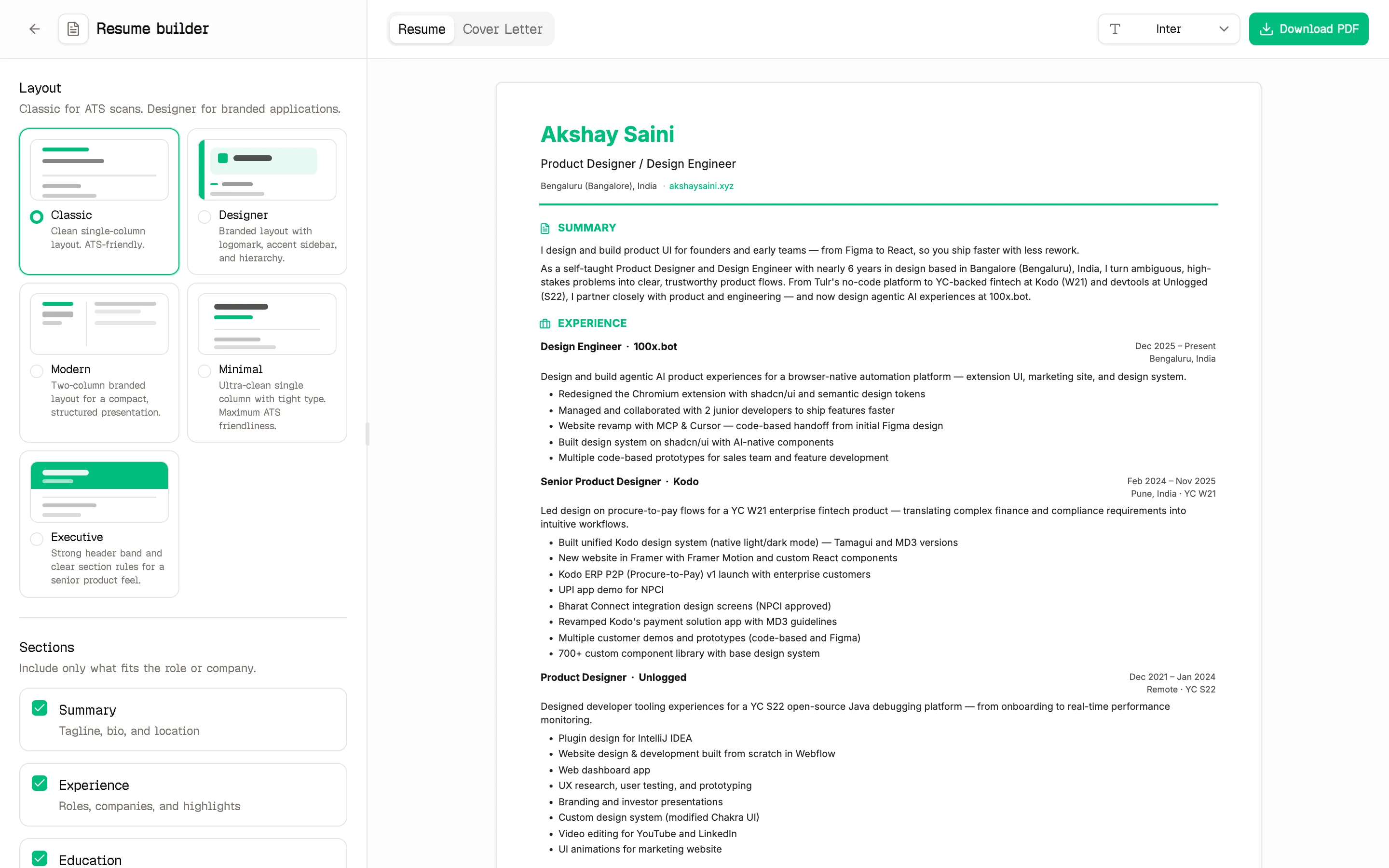 Password-protected owner resume workspace with live preview