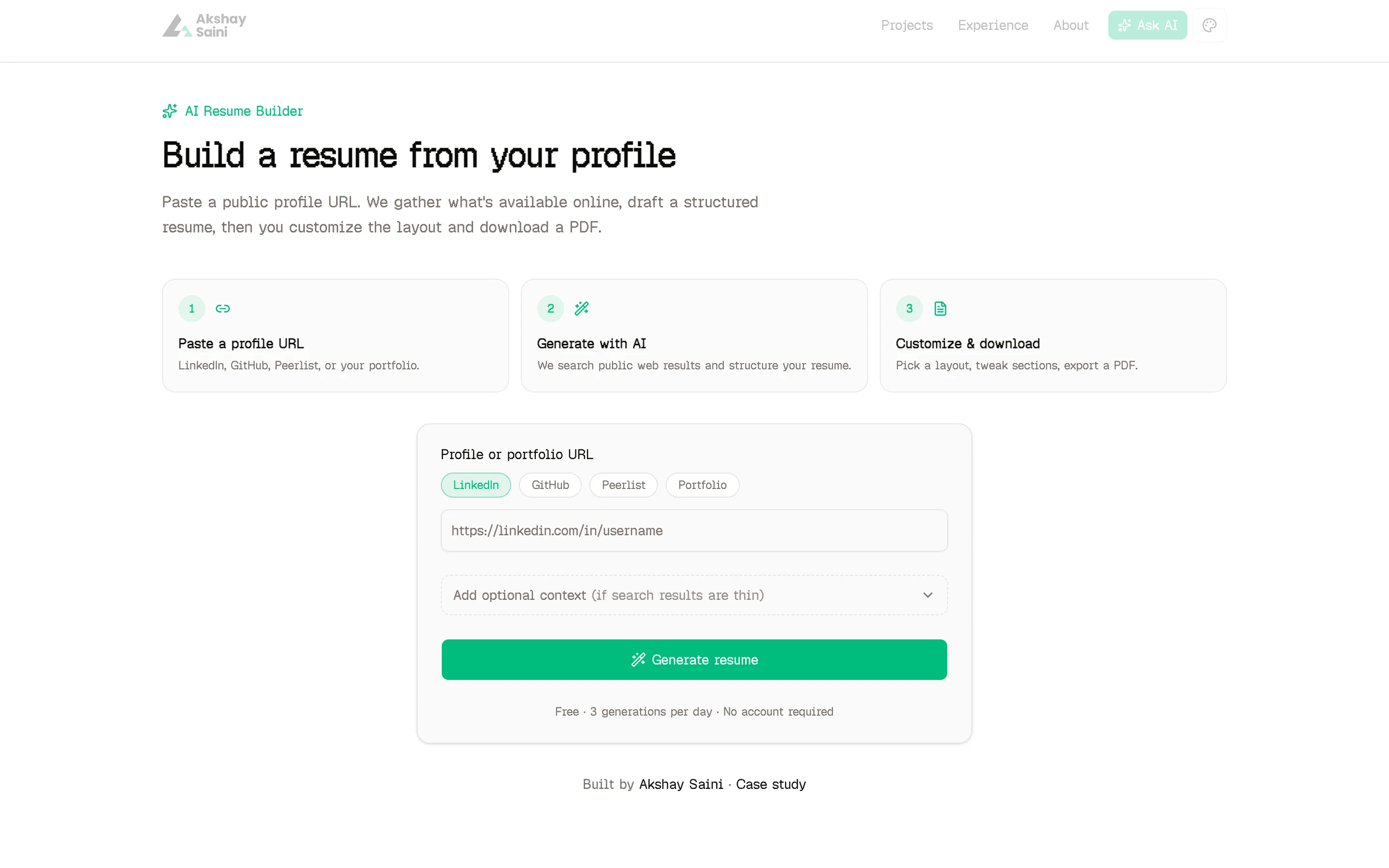 Public resume builder input — profile URL and optional summary