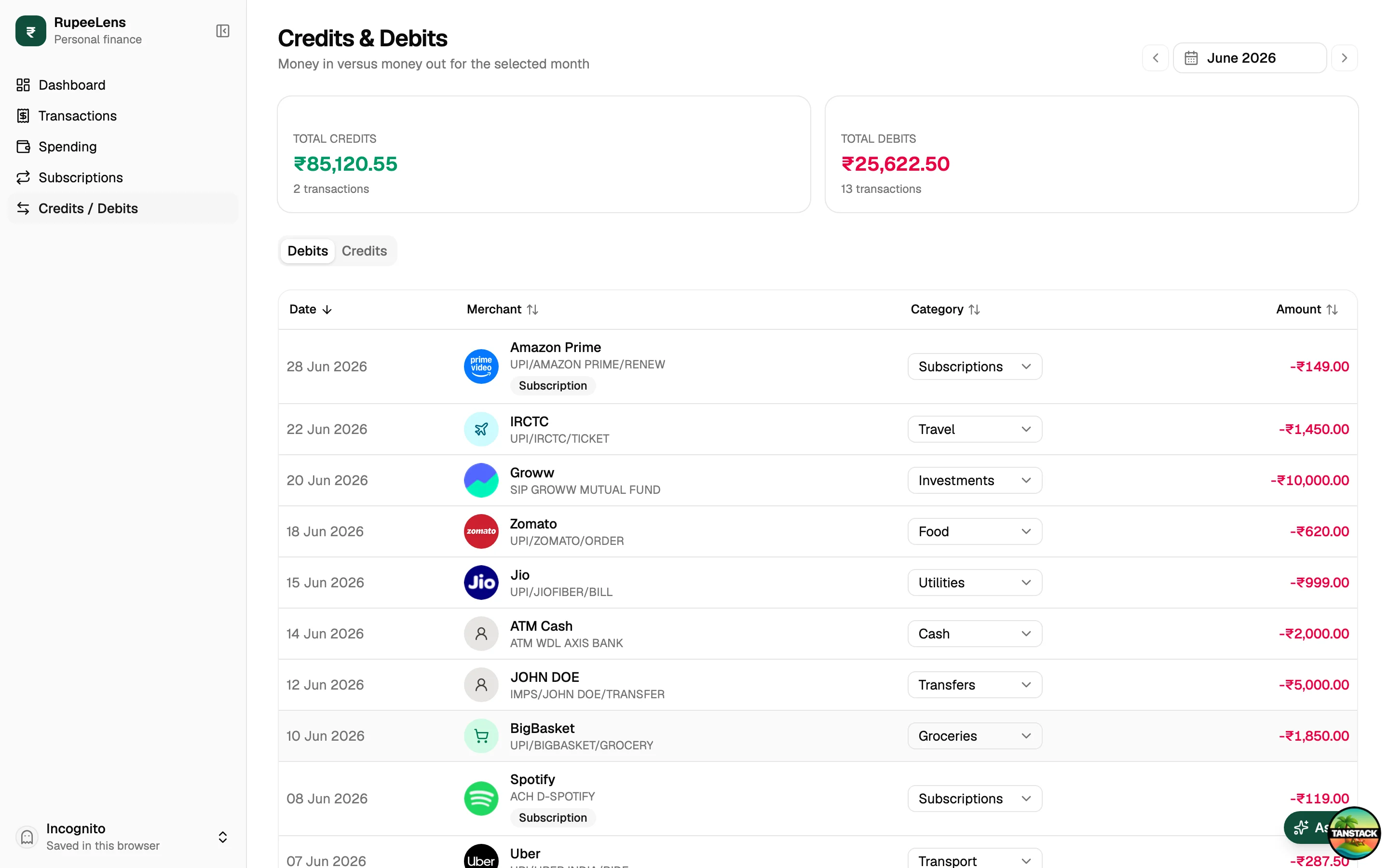 Credits and debits views