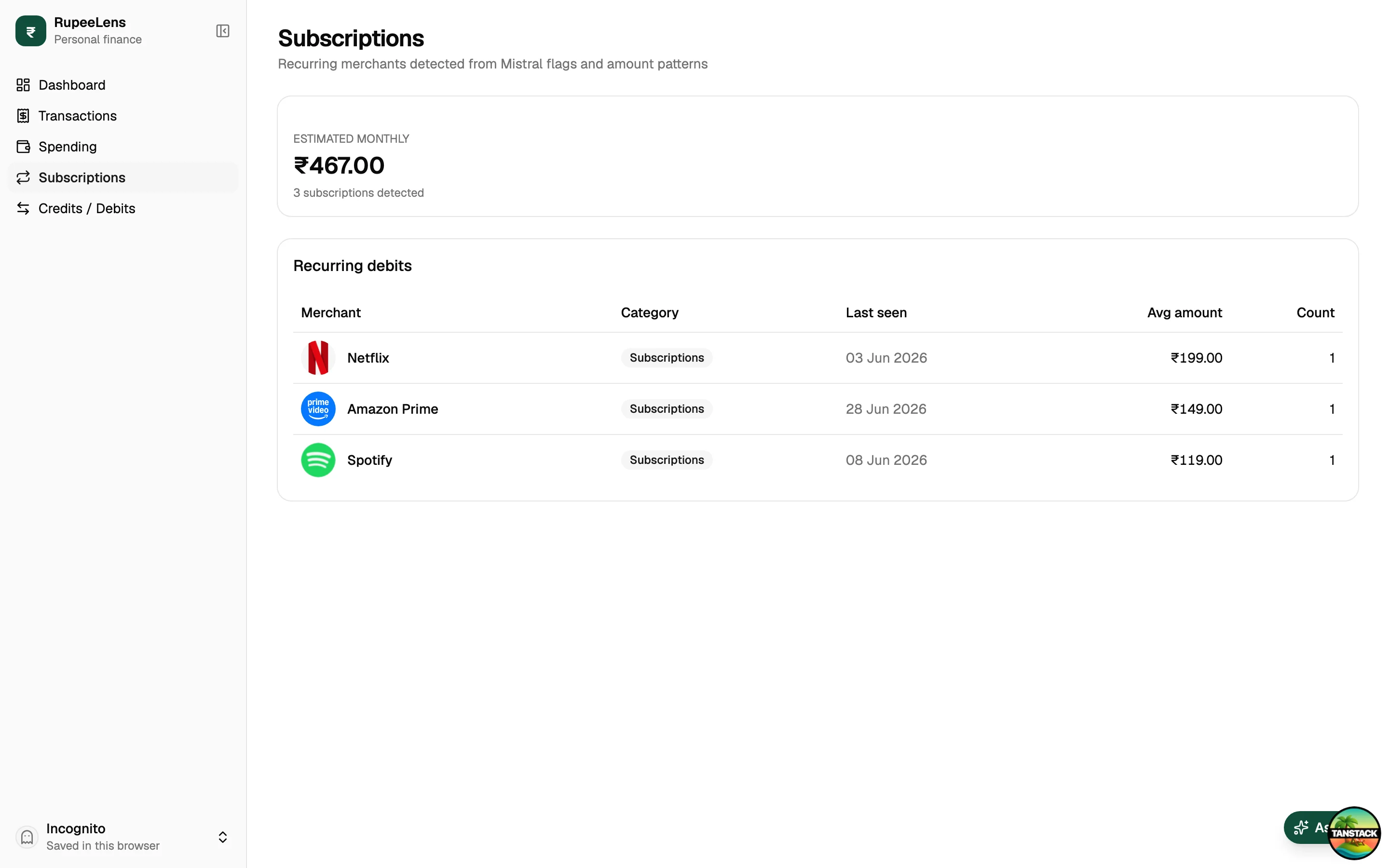 Subscriptions detection