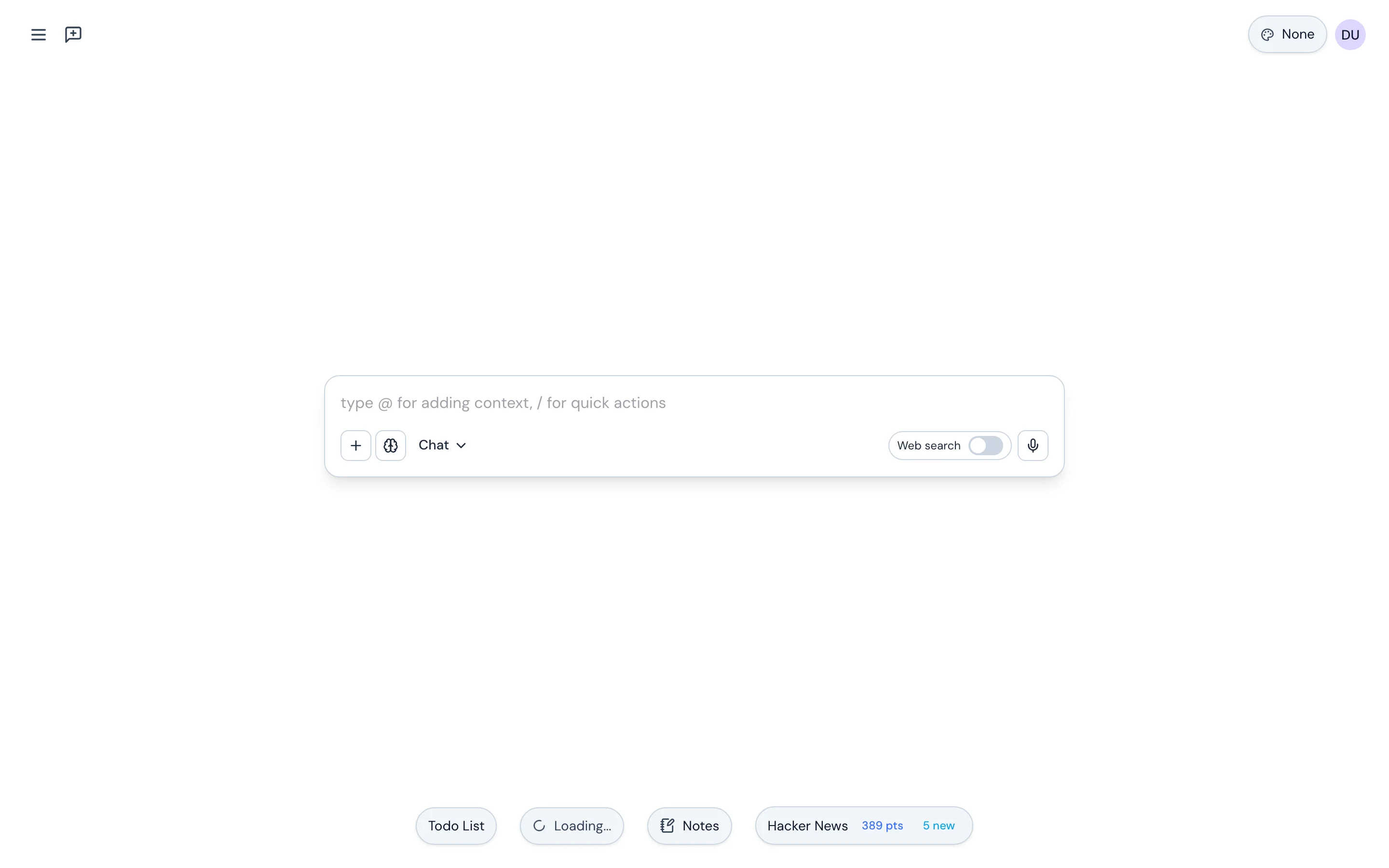 Dashboard with chat input and productivity widgets