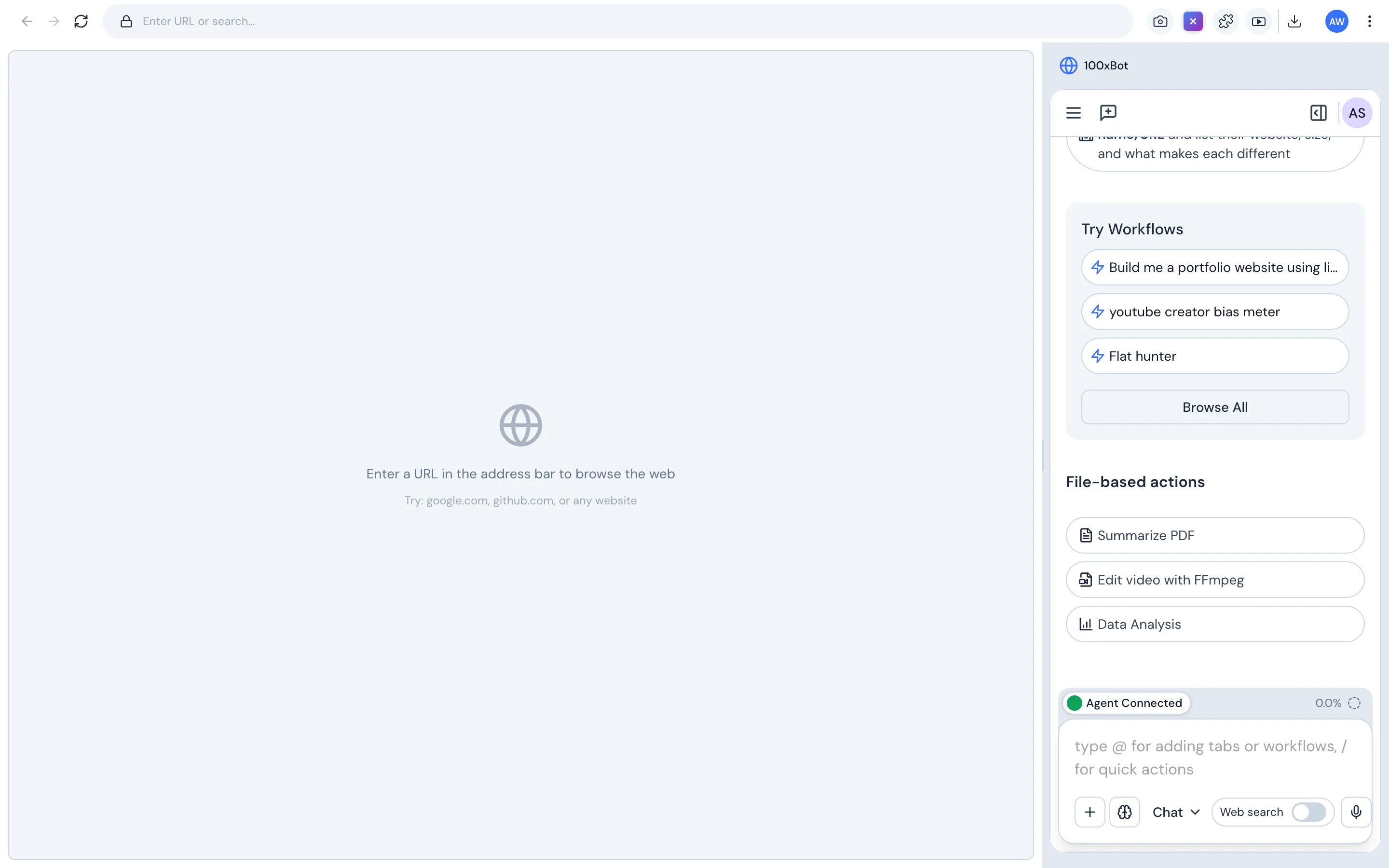 Agent shell with quick actions and browser workspace